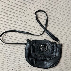 Black Floral Applique Crossbody Bag with Braided Detail